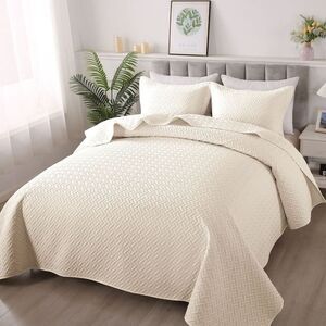 HYLEORY -  Quilt Set King Size - Reversible Coverlet  Beige